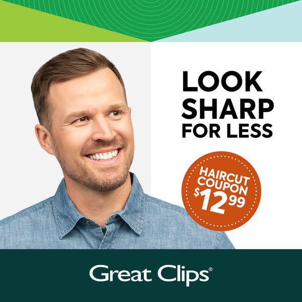 This image ad for Great Clips features a smiling man with a well-groomed haircut. The ad promotes their haircut services