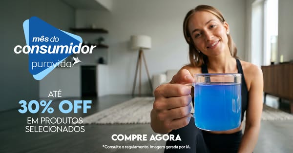 This ad promotes Puravida products during a consumer month sale, featuring a woman holding a glass of a blue beverage, i