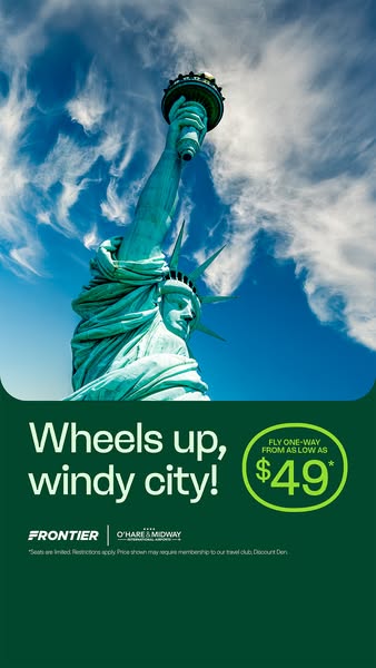 This image ad promotes Frontier Airlines, highlighting one-way flights to the "windy city" from as low as $49.