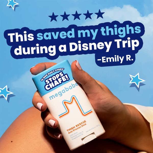 This image ad features a testimonial from a customer named Emily who praises Megababe's Thigh Rescue Anti-Friction S
