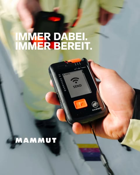 This ad showcases the Mammut Barryvox S avalanche beacon, emphasizing its readiness and reliability for winter sports en