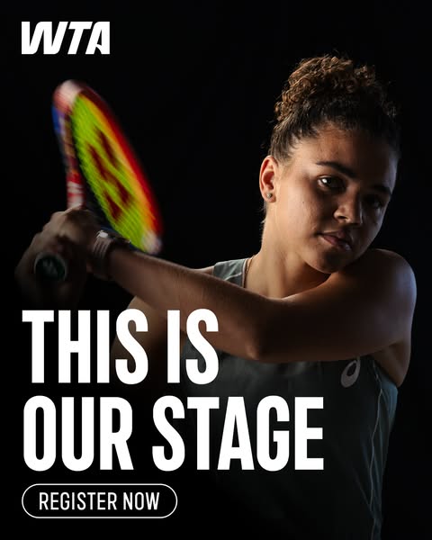 This ad for WTA features a female tennis player holding a tennis racket and swinging, with a black background. Text over