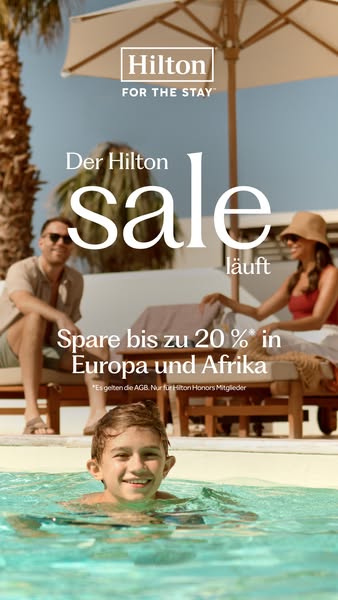 This image ad promotes Hilton hotels, featuring a family enjoying themselves at a resort and highlighting a sale in Euro