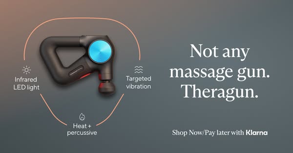 This ad for Theragun promotes the massage gun by calling out key product features such as infrared LED light, heat and p