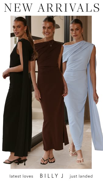This ad showcases the brand Billy J's new arrivals, highlighting three different color variations of the same dress 