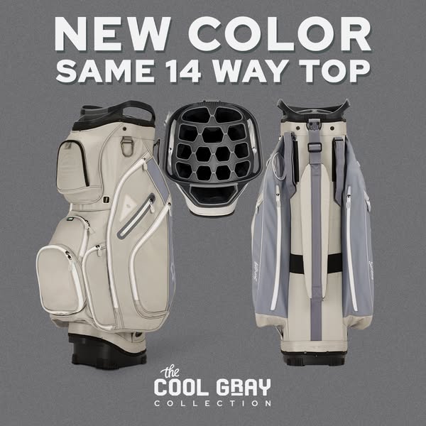 This image ad showcases golf bags from the Cool Gray Collection. It highlights the new color option while maintaining th