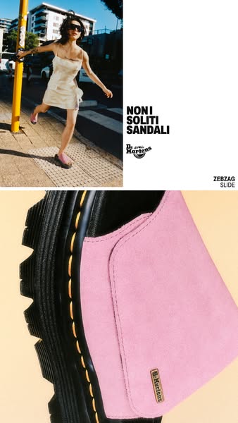 This Dr. Martens ad features a woman wearing Dr. Martens Zebzag slides in an urban setting. The visual narrative is desi