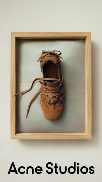 This image ad features a brown suede shoe displayed within a wooden picture frame, centered against a light green and cr