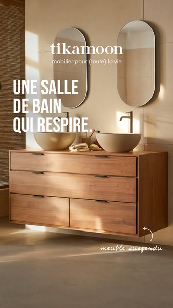 This image showcases the Tikamoon brand's bathroom furniture, emphasizing the design's aesthetic and its contrib