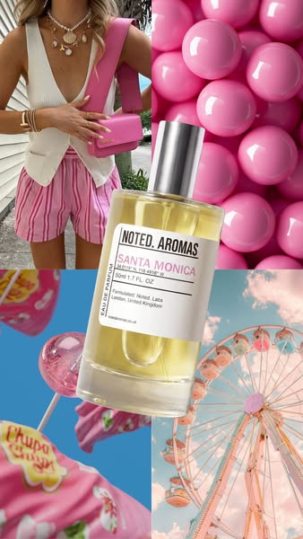 This lifestyle image ad showcases Noted Aromas' Santa Monica perfume by including images of a woman with a pink purs