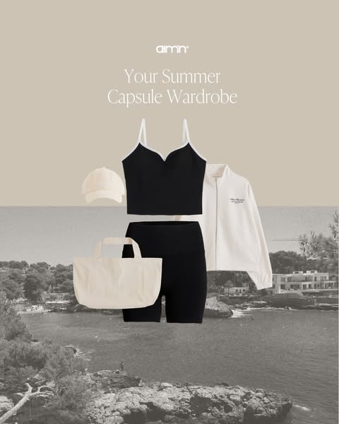 This ad showcases a summer capsule wardrobe from Aim'n, featuring a black top and shorts, paired with a white jacket