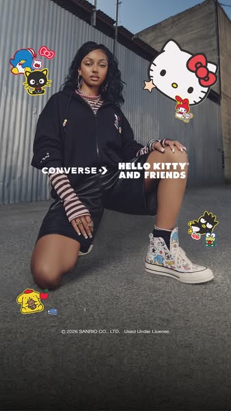 This ad features a woman wearing Converse x Hello Kitty and Friends high-top sneakers. The collaboration is showcased wi