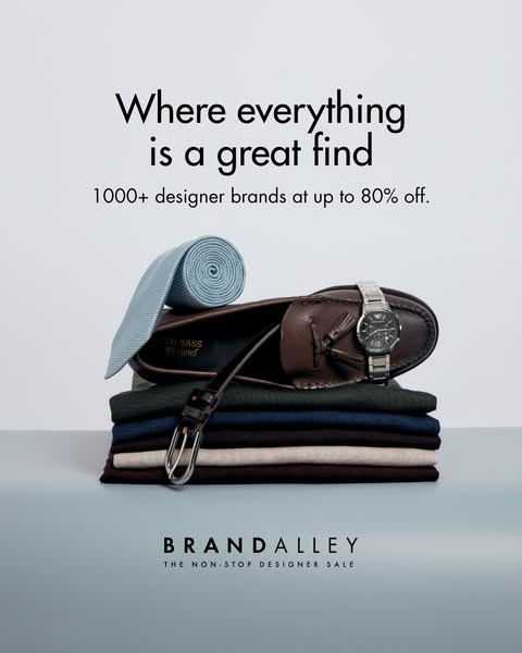 This ad showcases several different articles of clothing and accessories neatly stacked atop one another with the brand 