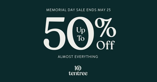 This is a digital ad by tentree promoting their Memorial Day sale with up to 50% off almost everything until May 25.