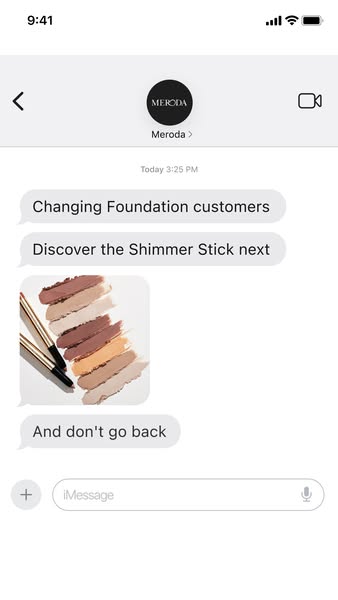 This ad promotes Meroda's Shimmer Stick as a superior alternative to foundation. The ad uses a chat interface to sug