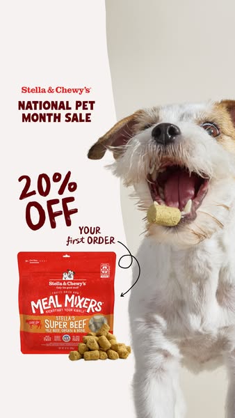 This image ad for Stella & Chewy's promotes a National Pet Month sale, offering 20% off the first order of Meal 