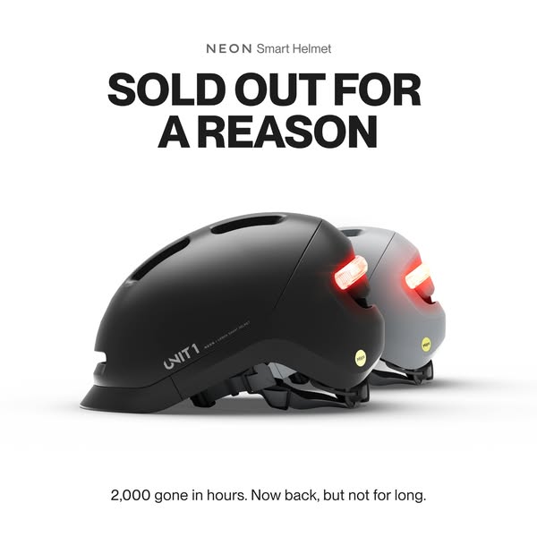 This ad for Neon smart helmets uses a clean product shot and text mentioning limited availability to drive sales. The te