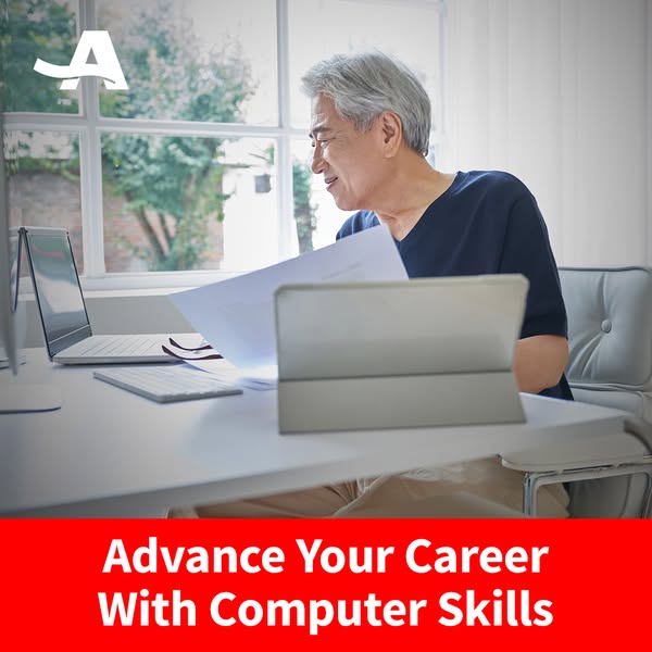 This image ad promotes computer skills training to help people advance their careers. It features an older man working a