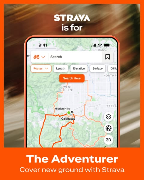 This image ad promotes Strava as a tool for 'the adventurer' through a smartphone screen demo of its route mappi