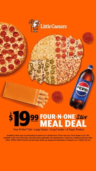 An image ad promoting a Little Caesars meal deal featuring a four-n-one stix, large classic pizza, crazy combo, and a 2L