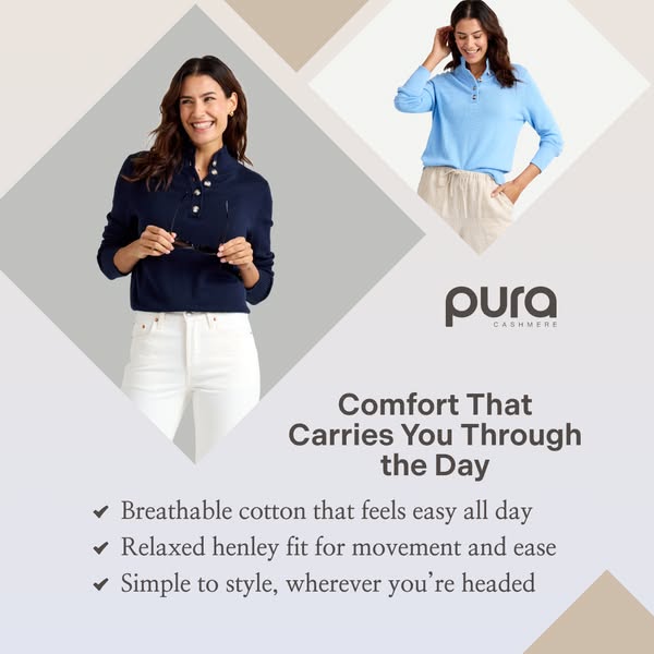 This ad for Pura Cashmere features a woman wearing a navy long-sleeved, button-down shirt. It highlights the comfort and
