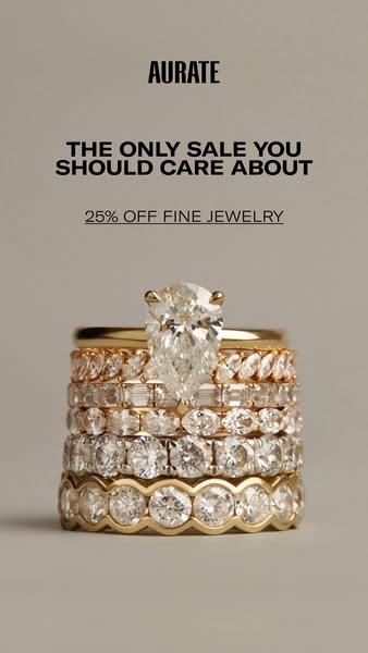 This image ad from Aurate promotes their fine jewelry and highlights a 25% off sale. The ad features a close-up of sever