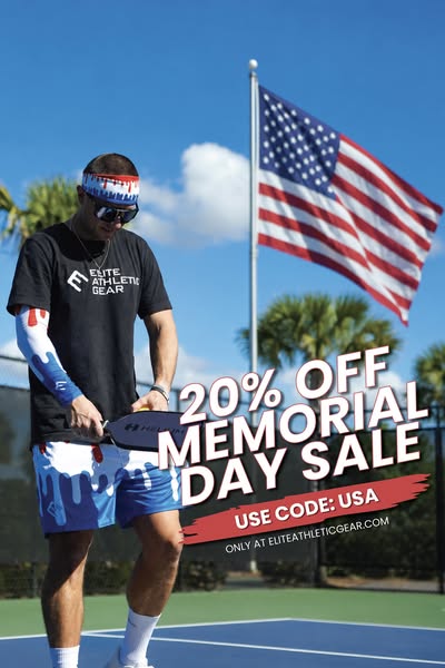 This image ad promotes Elite Athletic Gear's Memorial Day sale with 20% off using code USA.