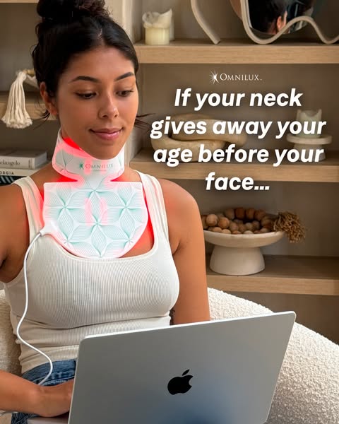 An ad for Omnilux neck-firming light therapy device. The ad's headline identifies the problem of the neck revealing 