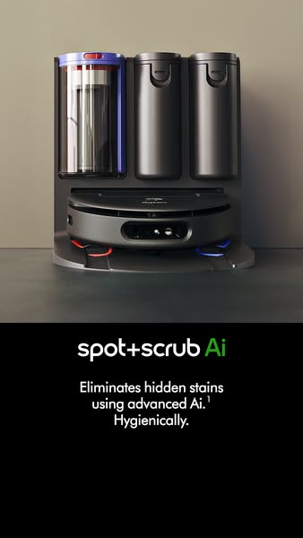 This ad highlights the features of the Spot+Scrub AI robot vacuum by iRobot. The ad showcases the modern design of the s