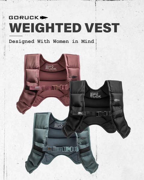 This image ad displays three GORUCK weighted vests in different colors against a speckled off-white background. The vest