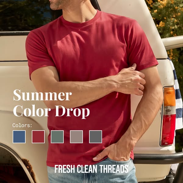 An image ad for Fresh Clean Threads showcases a model wearing a red t-shirt and advertises their summer color drop. The 