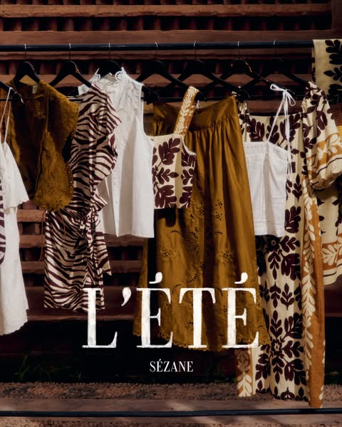 This image ad showcases an assortment of Sézane's L'Eté clothing line, featuring summer tops, dresses, skirts, a