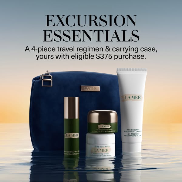 This ad features a range of La Mer skincare products available in a travel regimen. With an eligible purchase of $375, t