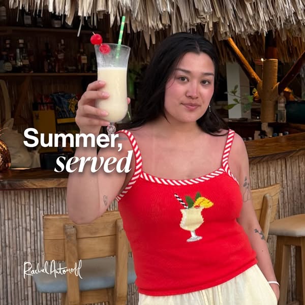 This ad for Rachel Antonoff features an image of a woman holding a cocktail while wearing a top from the brand. The head