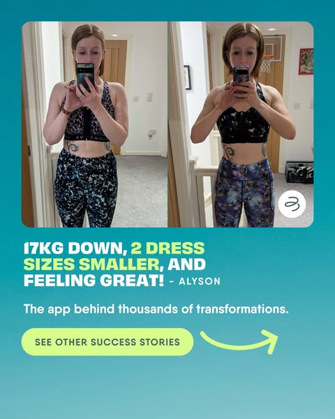 This ad features a before-and-after shot of a woman showcasing her weight loss journey using a specific app. The ad incl