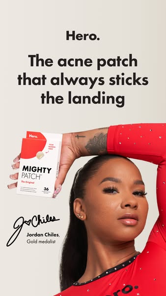 This image ad for Hero Mighty Patch features gymnast Jordan Chiles and highlights the product's ability to stay in p