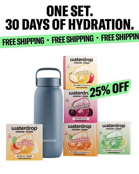 This image ad promotes Waterdrop's hydration set, emphasizing 30 days of hydration with free shipping and a 25% disc