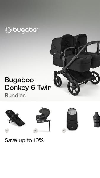 This ad features the Bugaboo Donkey 6 Twin stroller along with a bundle deal, highlighting the stroller's capacity f