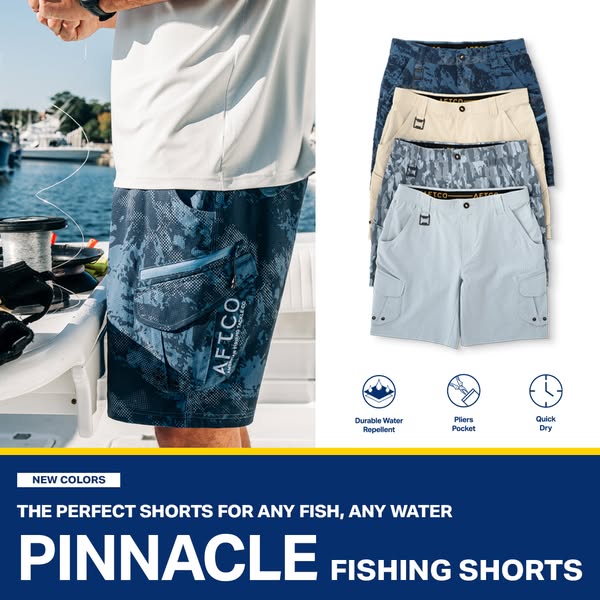 This ad showcases the AFTCO Pinnacle Fishing Shorts with features such as water repellency, pliers pocket, and quick-dry