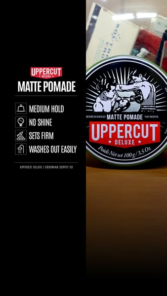 This ad for Uppercut Deluxe Matte Pomade uses a split screen to showcase its product features.