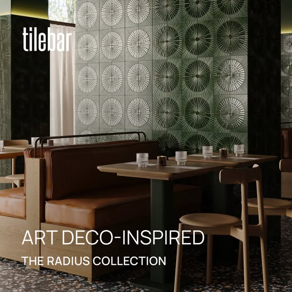 This image ad for TileBar showcases the Radius Collection in an Art Deco-inspired setting, suggesting the tiles are perf