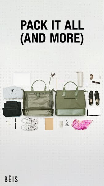 This image ad showcases two Béis bags alongside several personal items, under the headline 'Pack it all (and more)&#