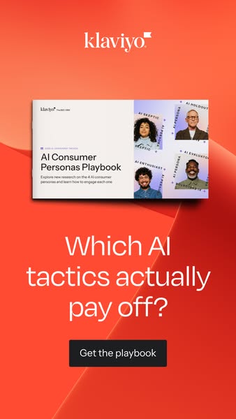 This image ad for Klaviyo features an AI Consumer Personas Playbook. The ad is designed in Klaviyo's signature brand