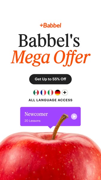 This ad for Babbel promotes a mega offer of up to 55% off all language access.