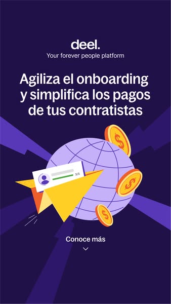 This image ad for Deel promotes its platform for onboarding and paying contractors. The ad features a paper airplane fly