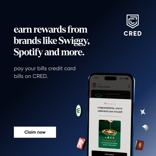 This ad for CRED promotes earning rewards from brands like Swiggy and Spotify by paying your credit card bills through t