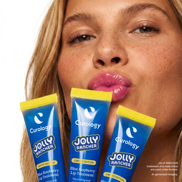 A close-up image ad featuring a woman with glossy lips holding three tubes of Curology Jolly Rancher Blue Raspberry Lip 