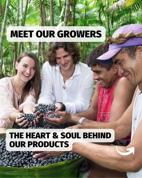 An image ad with four people holding acai berries. The copy focuses on the company's growers and the heart and soul 