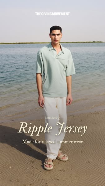 This image ad is promoting The Giving Movement’s Ripple Jersey collection for relaxed summer wear. It features a man sta
