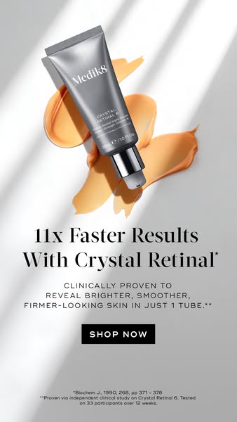 This static image ad for Medik8 promotes its Crystal Retinal product, emphasizing its fast results and clinically proven